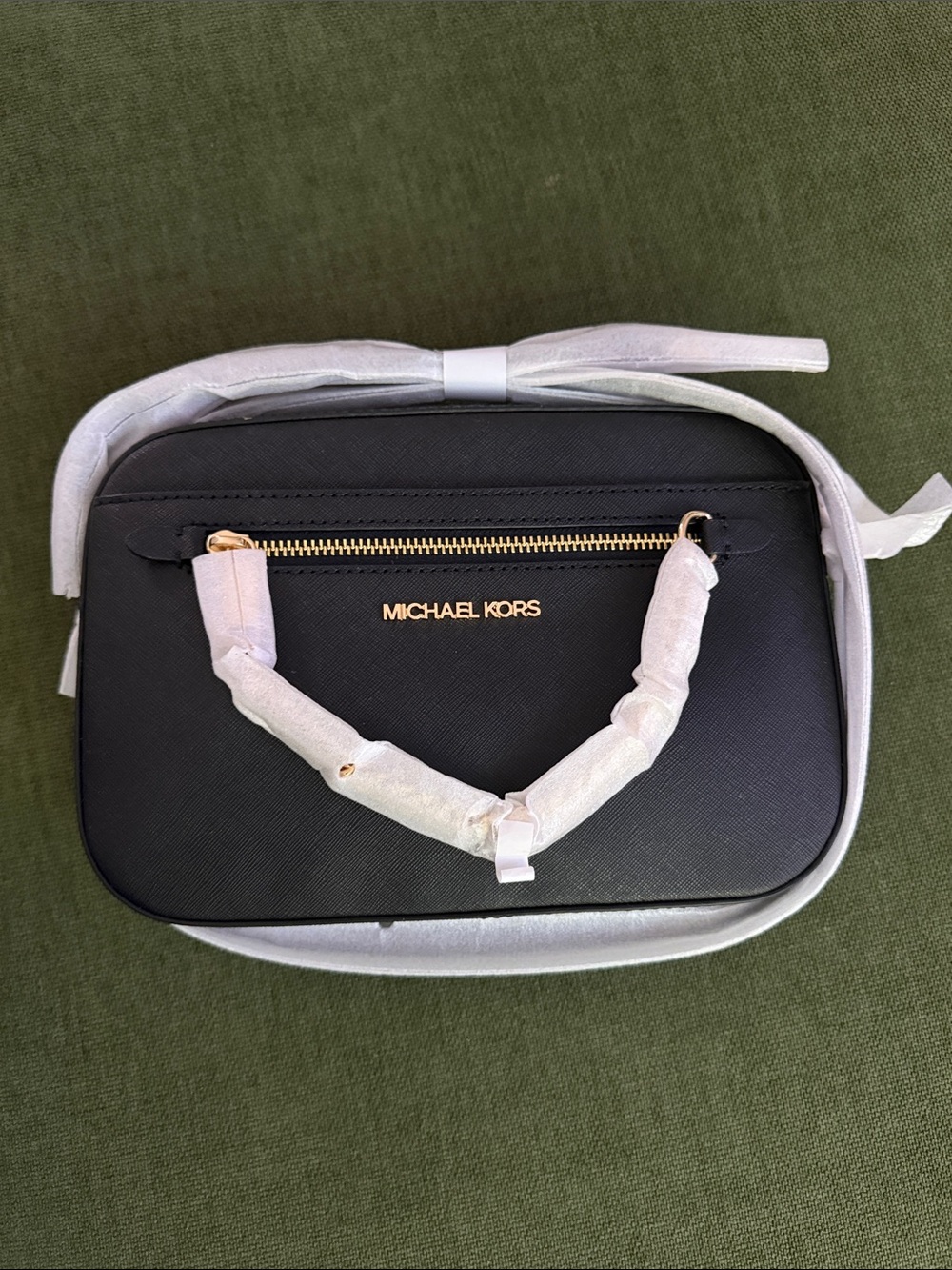 Michael Kors Black Saffiano Crossbody Camera Bag with Gold Hardware